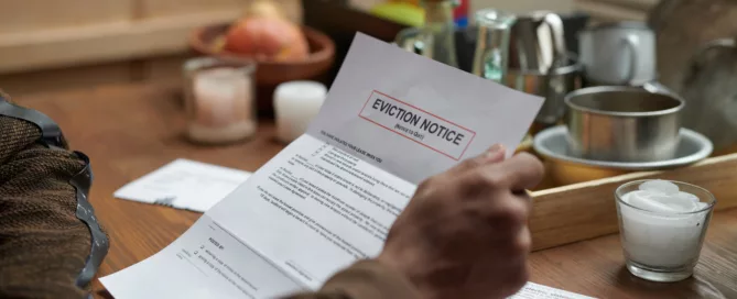 Person holding eviction notice with past due bills at kitchen table in Texas